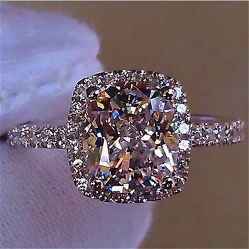 Cute Female Rainbow Colorful Stone Ring Boho Silver Color Wedding Band Ring Promise Love Engagement Rings For Women