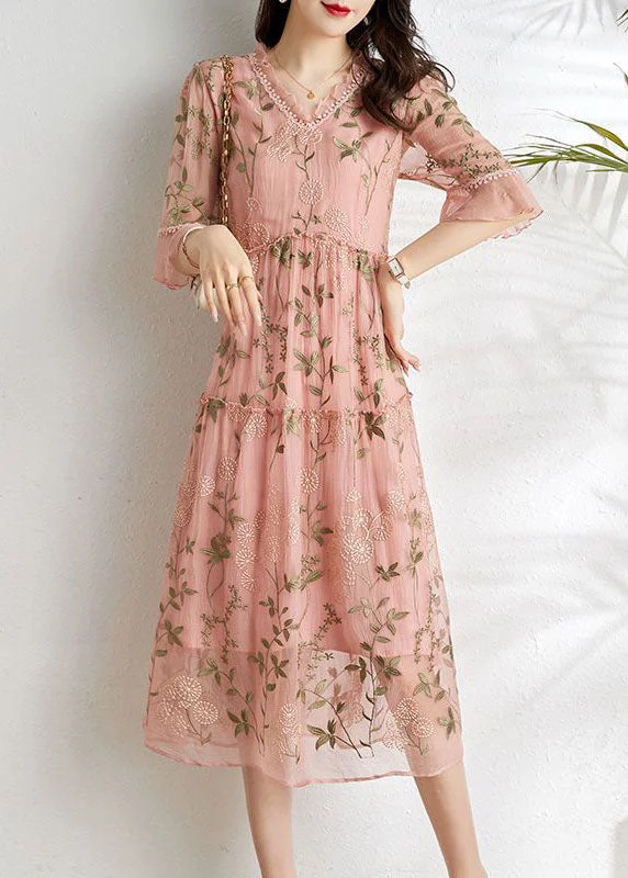 French Pink Embroideried Patchwork Wrinkled Tulle Dress Summer