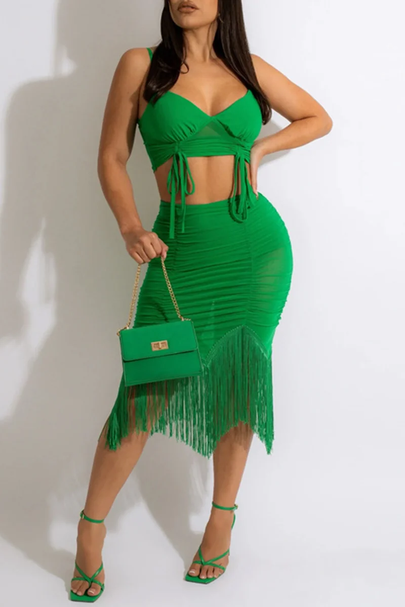 Green Fashion Sexy Solid Tassel Backless Fold Spaghetti Strap Sleeveless Two Pieces | EGEMISS