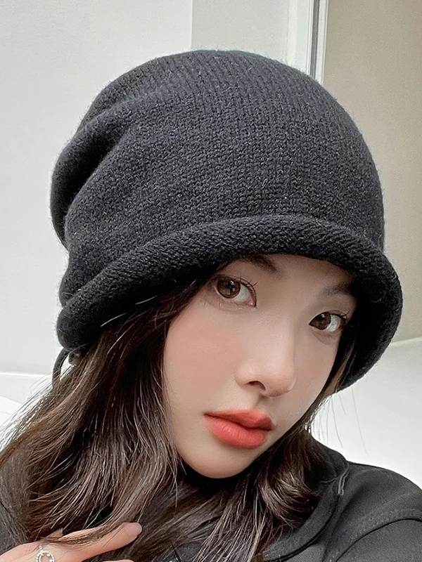 Drawstring Keep Warm Solid Color Tied Knitted Hats