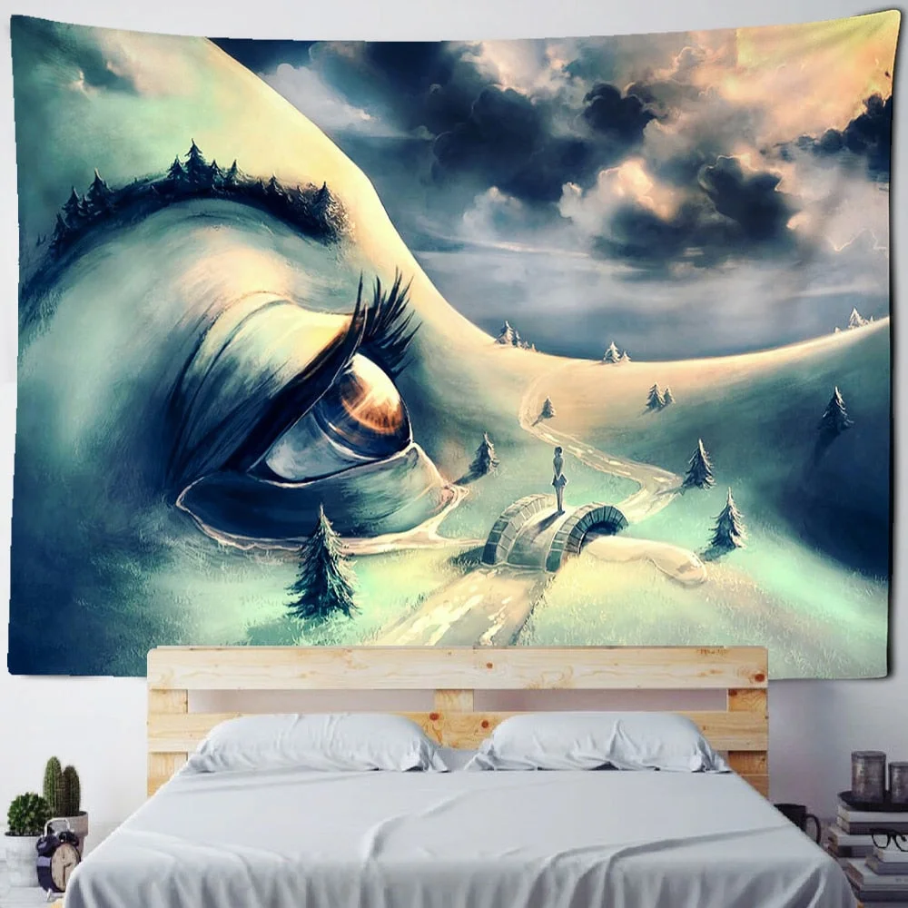Landscape Woman Tapestry Wall Hanging Psychedelic Witchcraft Natural Mountains And Rivers Ink Painting Home Decor