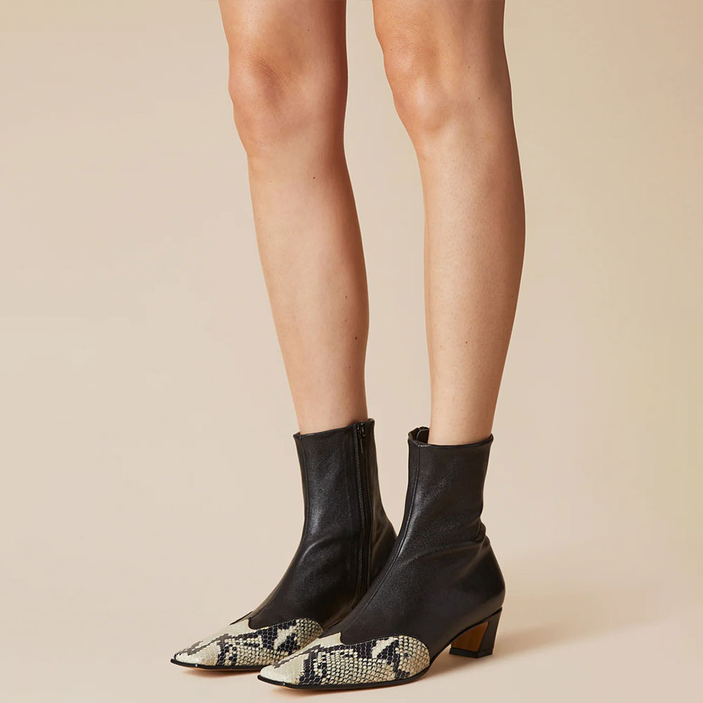 Black Python Embossed Square Toe Zipper Ankle Boots with Chunky Heel Nicepairs