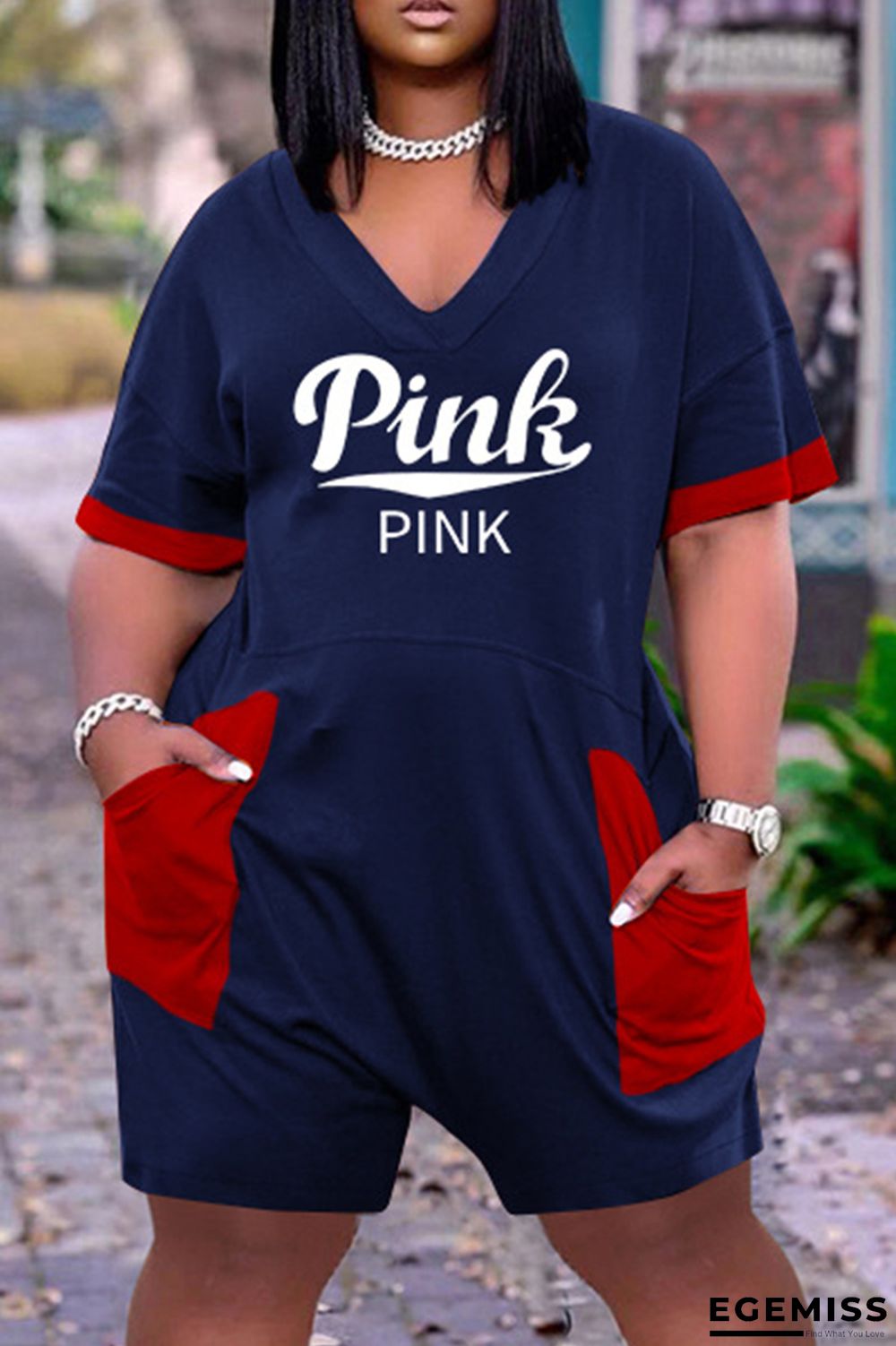 Blue Fashion Casual Letter Print Patchwork Pocket V Neck Plus Size Romper | EGEMISS