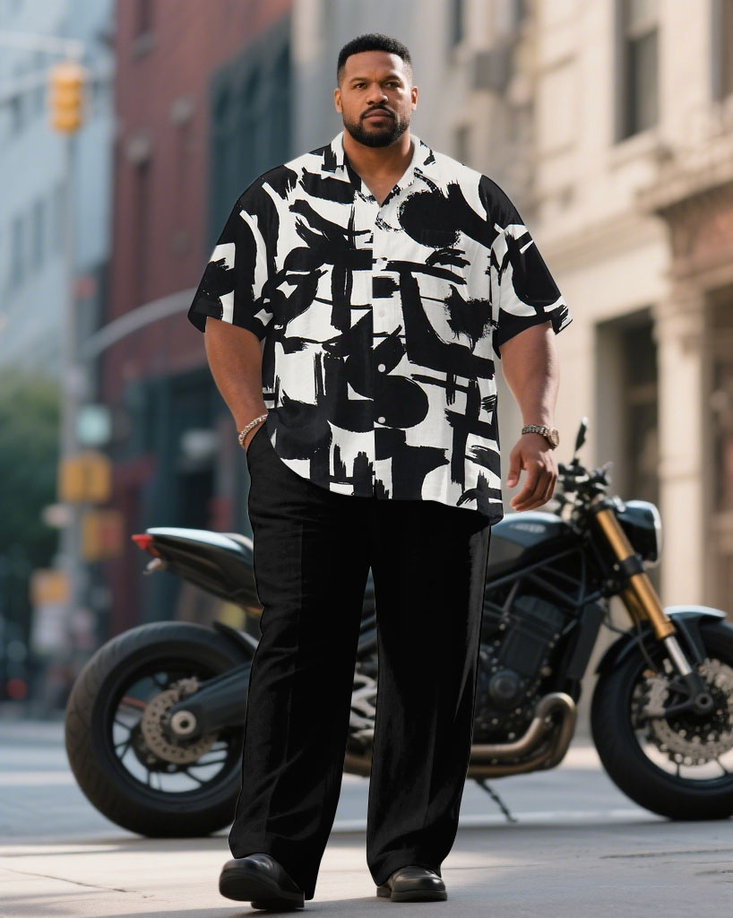 Men's Plus Size Black & White Graffiti Business Short Sleeve Shirt Pants Suit