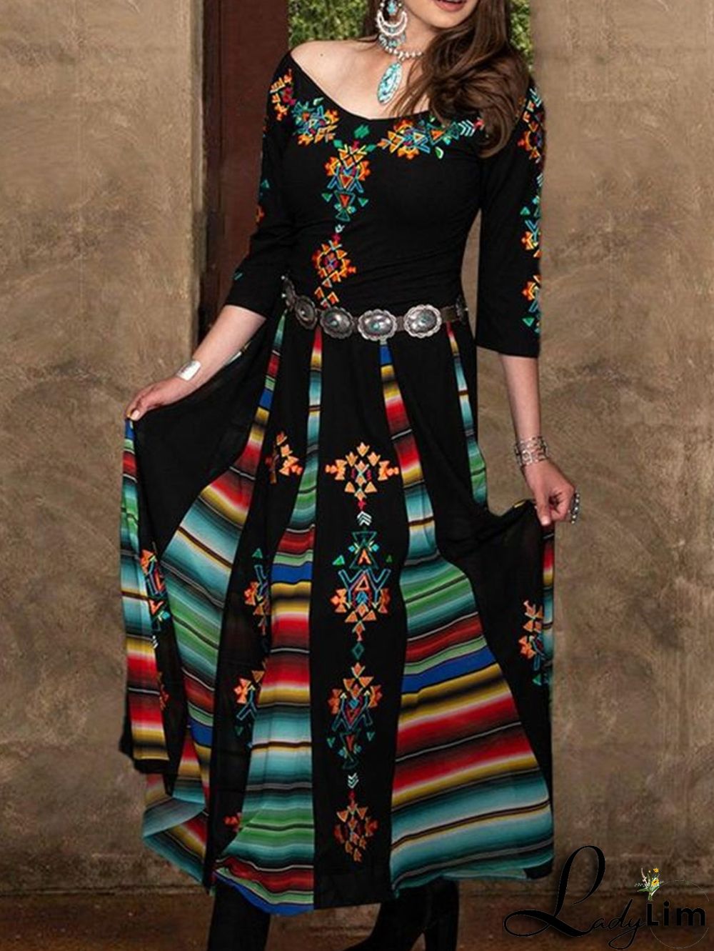Casual Ethnic Print Off Shoulder Half Sleeve Midi Dress