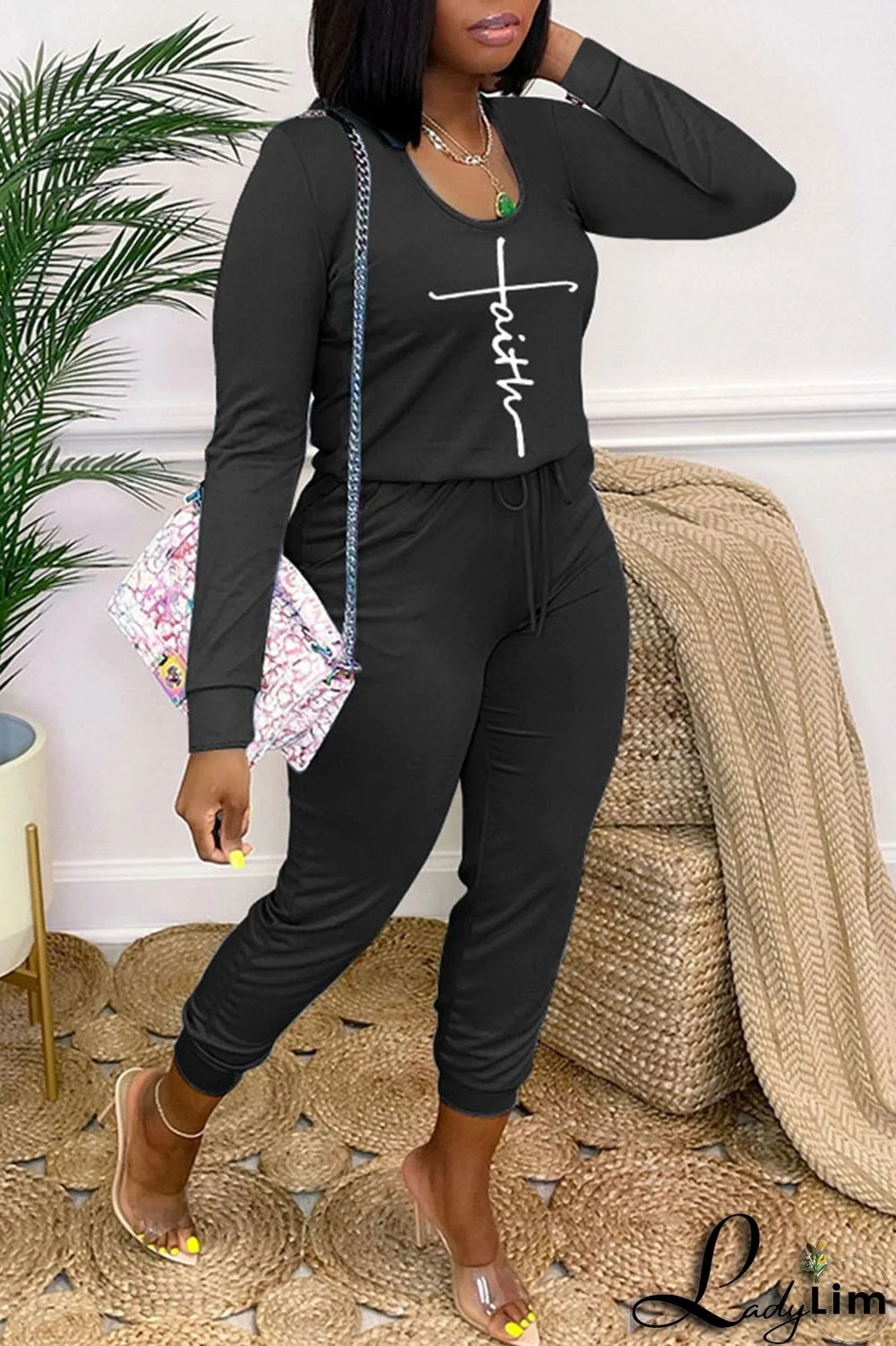 Light Blue Casual Print Bandage Patchwork O Neck Regular Jumpsuits