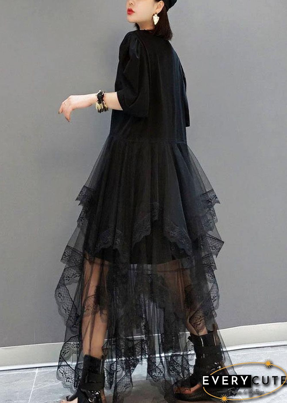 Plus Size Black O-Neck Print Half Sleeve Fall Dresses