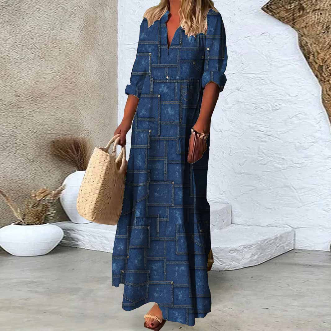 Women Patchwork,  Checkered,  Blue DZDN0424 SPU Printed Long Sleeve V-neck Maxi Dress
