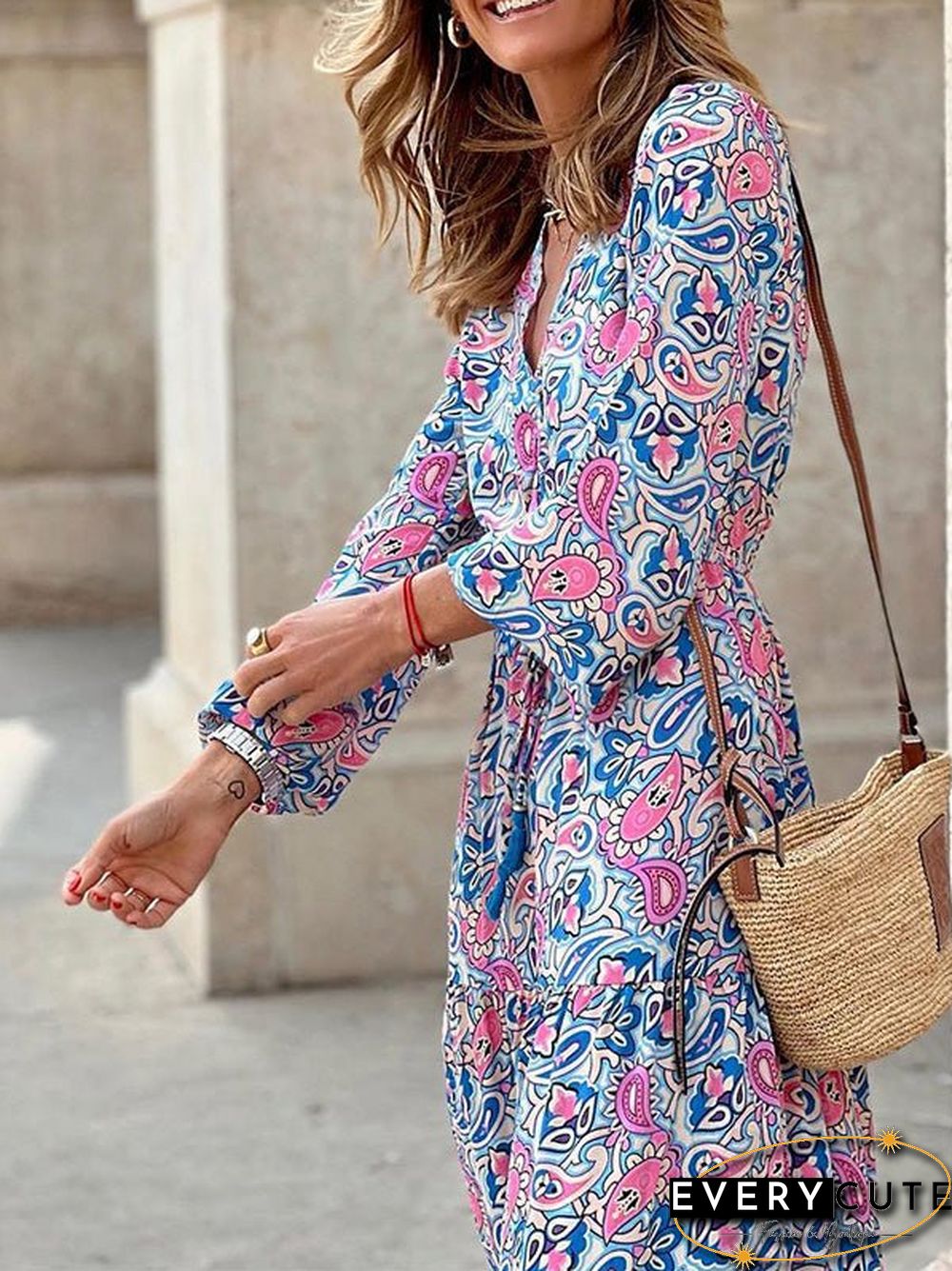 Printed Long Sleeves Backless Bohemian Dress For Women
