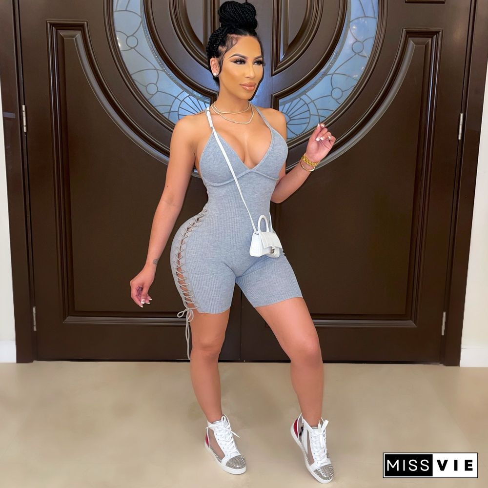 Women Solid Color Streetwear Spaghetti Strap Deep V Neck Ribbed Knit Backless Bodycon Rompers