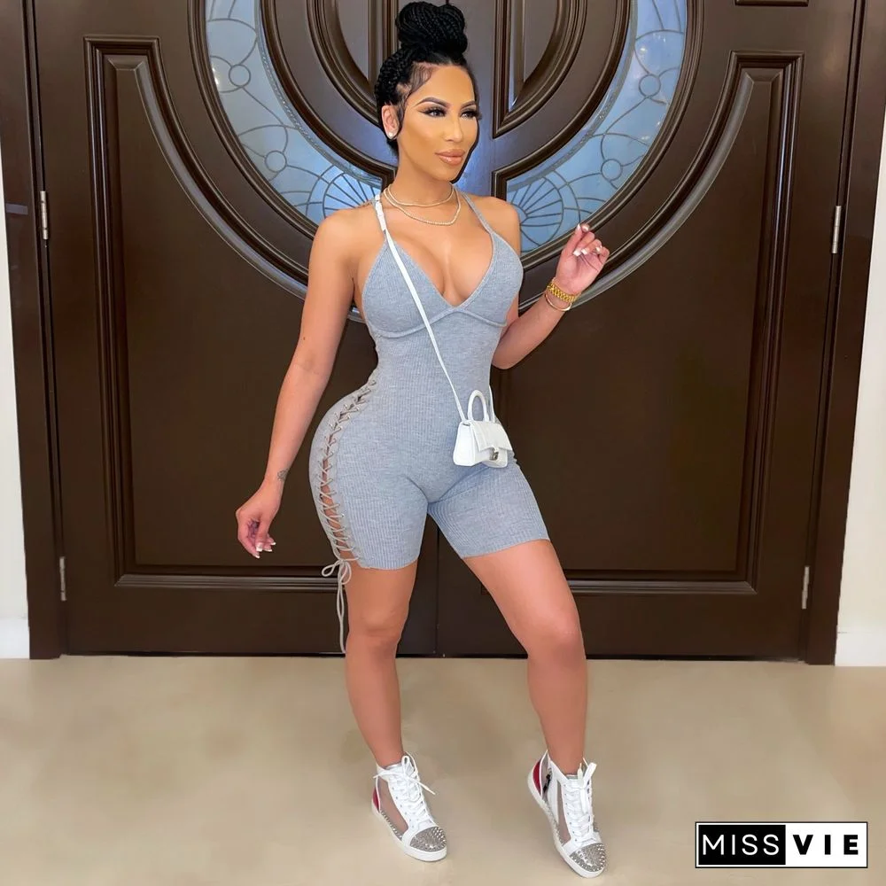 Women Solid Color Streetwear Spaghetti Strap Deep V Neck Ribbed Knit Backless Bodycon Rompers