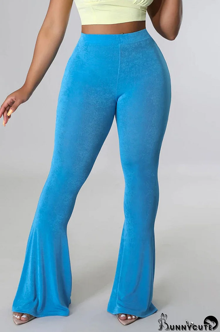 Cyan Casual Solid Patchwork High Waist Speaker Solid Color Bottoms