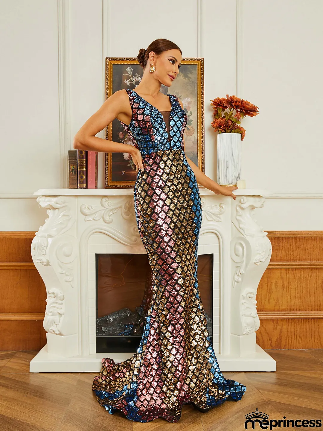 Formal Sequin V-Neck Multicolor Mermaid Dress RM20623