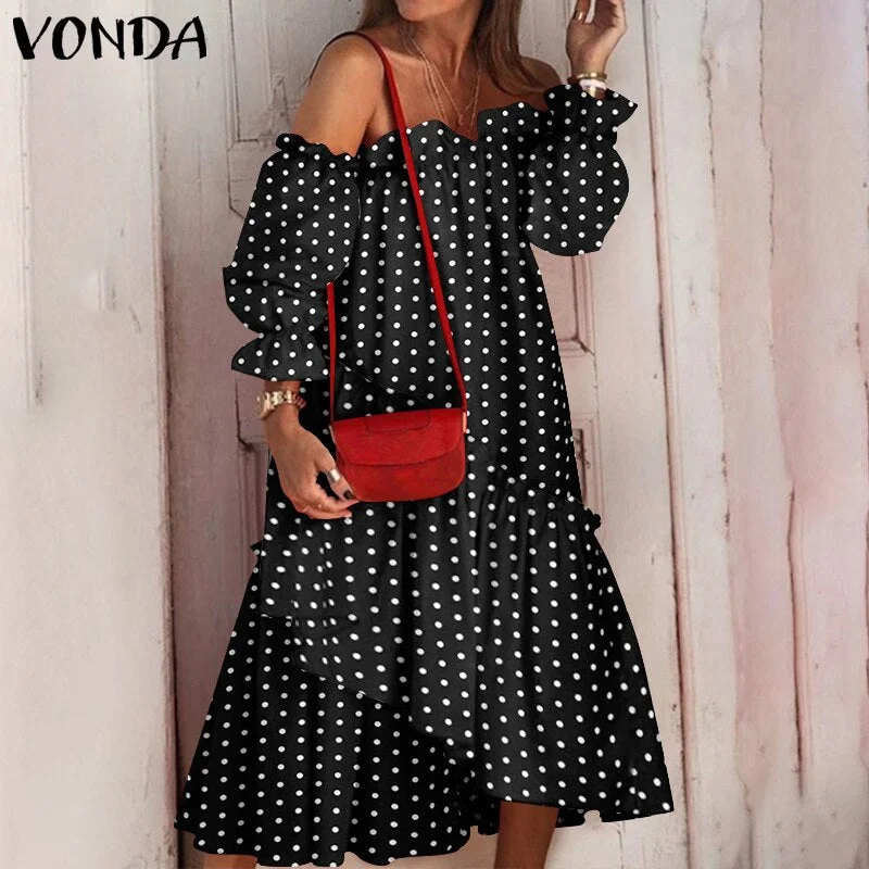2022 VONDA Summer Sexy Off Shoulder Dress Women Long Sleeve Irregular Hem Lace Pleated Midi Sundress Bohemian Party Beach Robe
