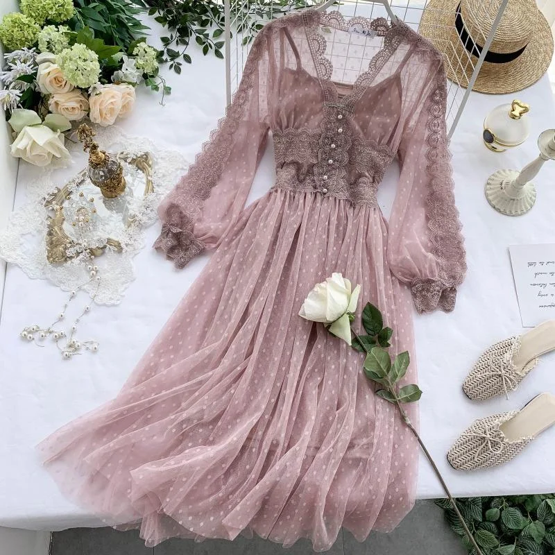 FTLZZ Sweet Tulle Long Dress Spring Summer High Waist Long Sleeve V Neck Polka Dot Bohemian Dress Female Slim Fairy Dresses
