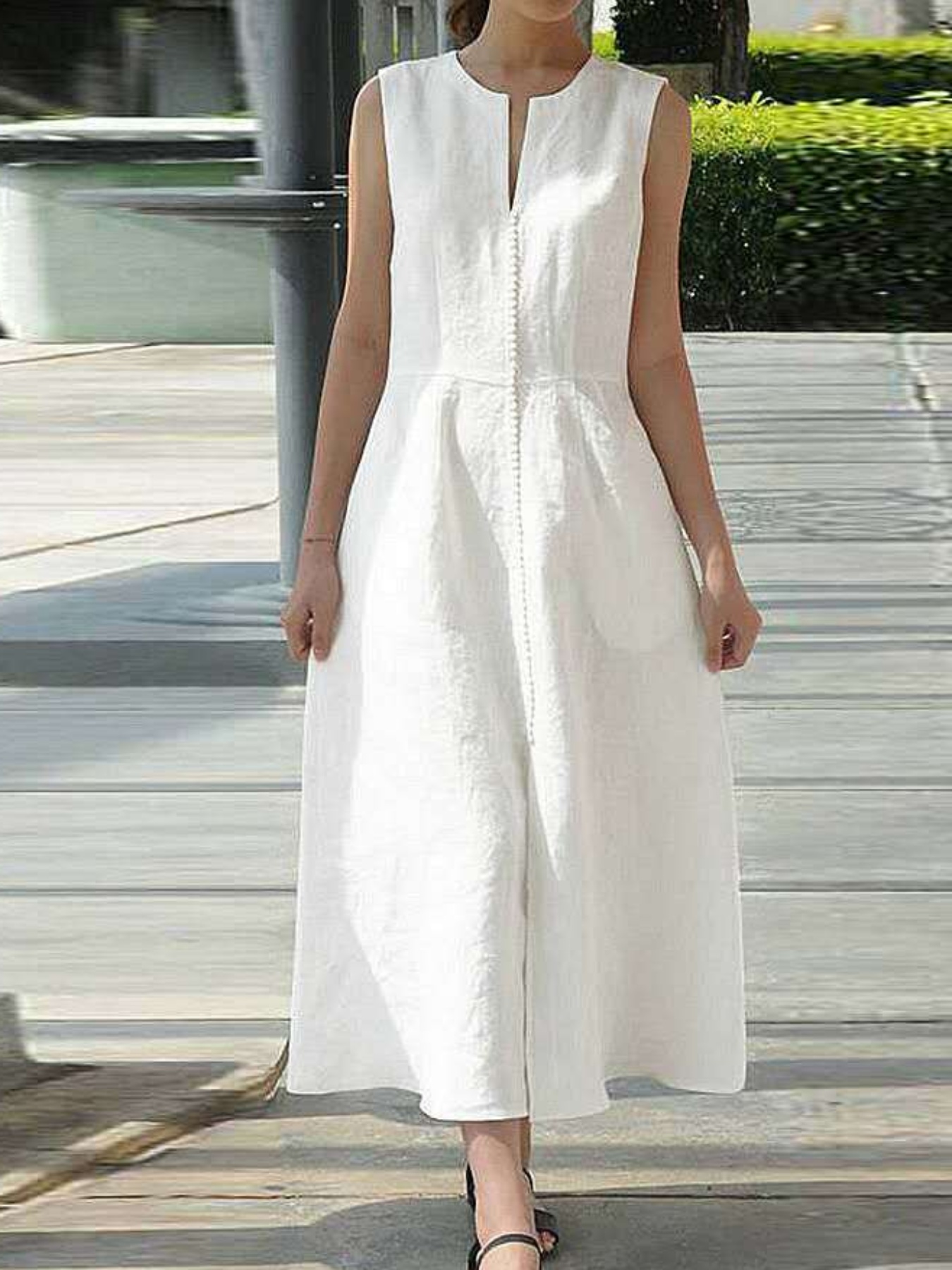 Women Long Dress Solid Color V-Neck Waistband Sleeveless Dress Summer Slit Hem Fashion Casual Dress | IFYHOME