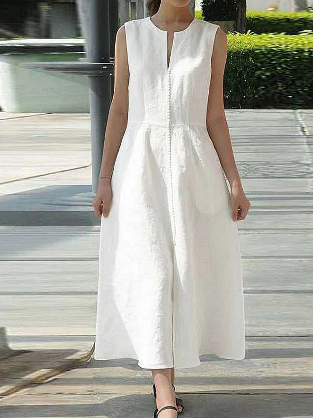 Women Long Dress Solid Color V-Neck Waistband Sleeveless Dress Summer Slit Hem Fashion Casual Dress | IFYHOME