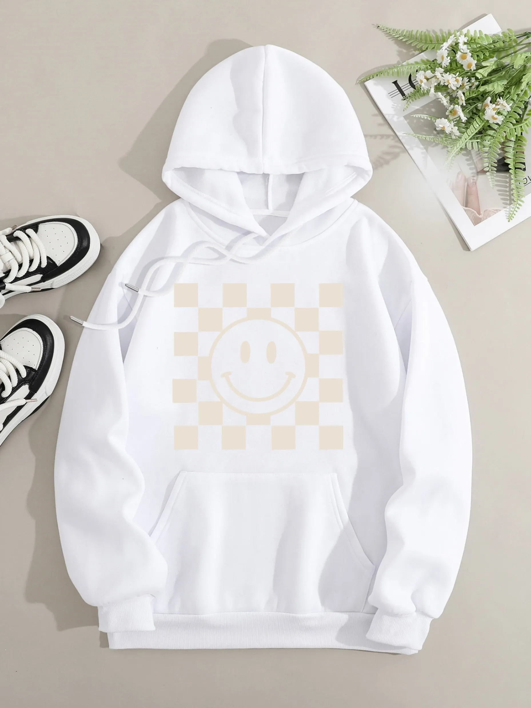 Printed on front Kangaroo Pocket Hoodie Long Sleeve for Women Pattern Smile Face