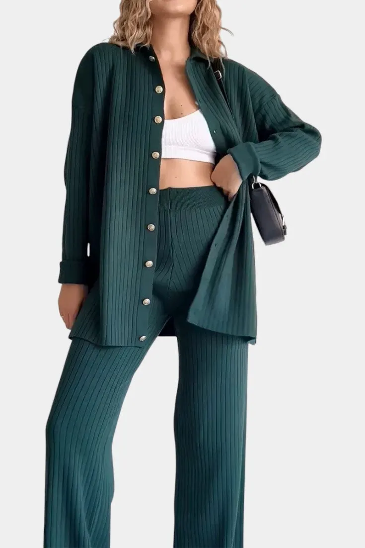 Oversized Ribbed Knit Jacket & Wide Leg Pants Set