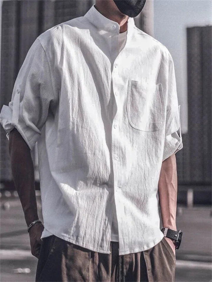 Spring and Summer Men's Cotton Linen Loose Casual Solid Color White Seven-minute Sleeve Trend Versatile Shirt-Cosfine