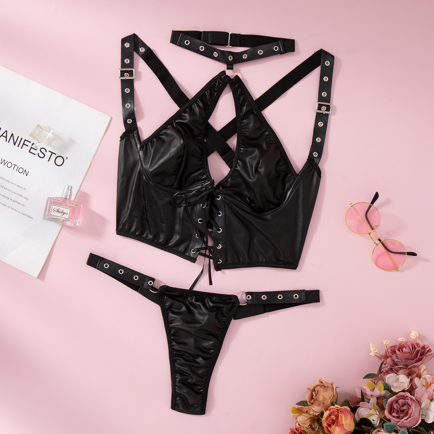 Lovingerie - Tight PU Strapped Seductive Biker Style Sexy Strapped Slimming Lingerie Set