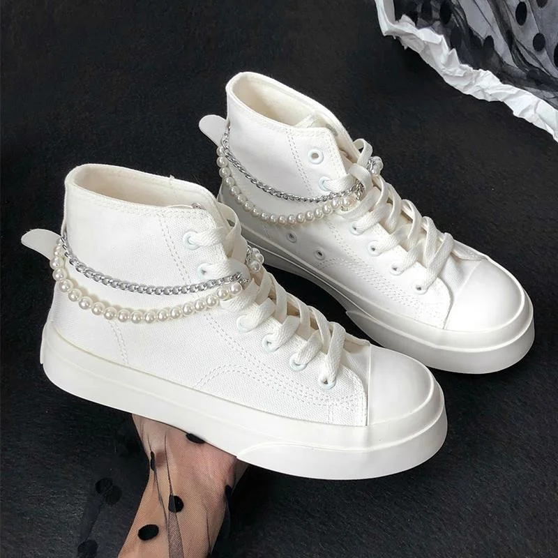 Lourdasprec Women White High Platform Designer Vintage Sweet Pearls Sport Shoes Sneakers Canvas Casual Flat Vulcanize Rubber Harajuku