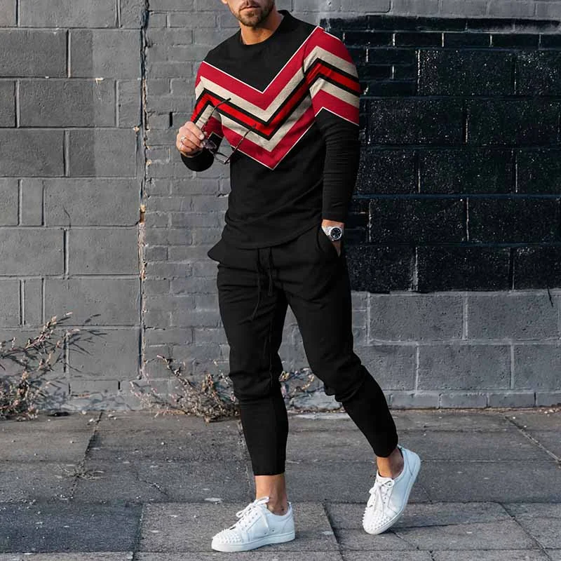Men'S Contrasting Geometric Curves Long Sleeve T-Shirt And Pants