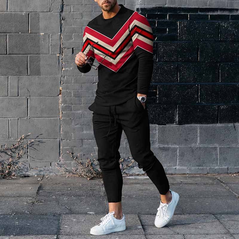 Men'S Contrasting Geometric Curves Long Sleeve T-Shirt And Pants