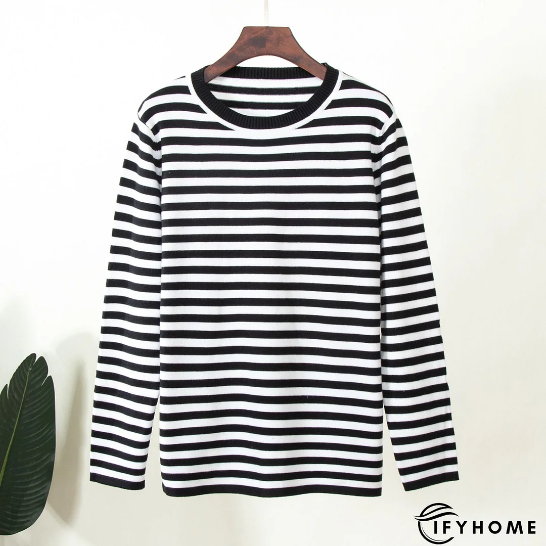 Casual Vintage Crew Neck Knitted Striped shirt & Top | IFYHOME