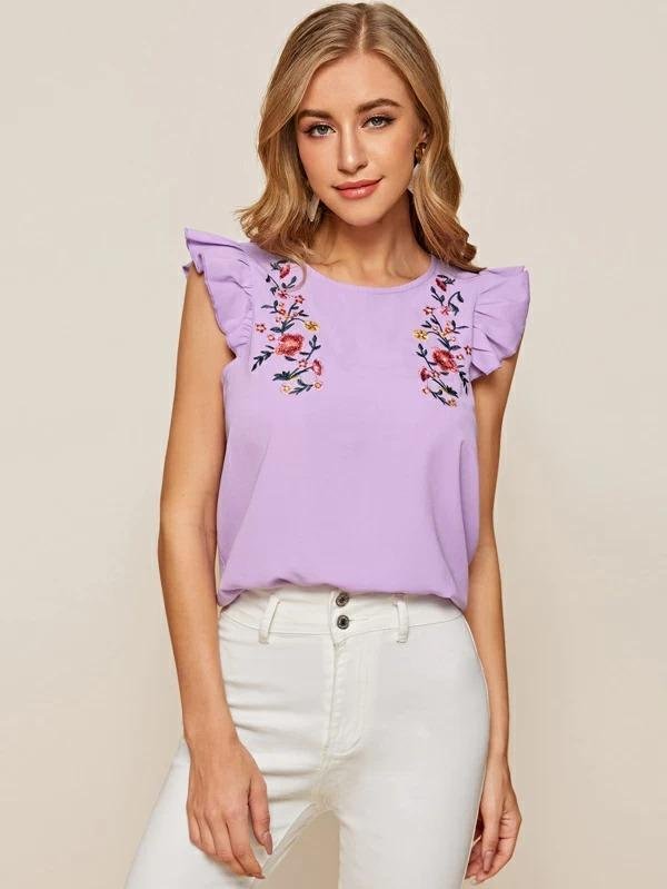 Women Ruffle Armhole Embroidery Front Top - VSMEE