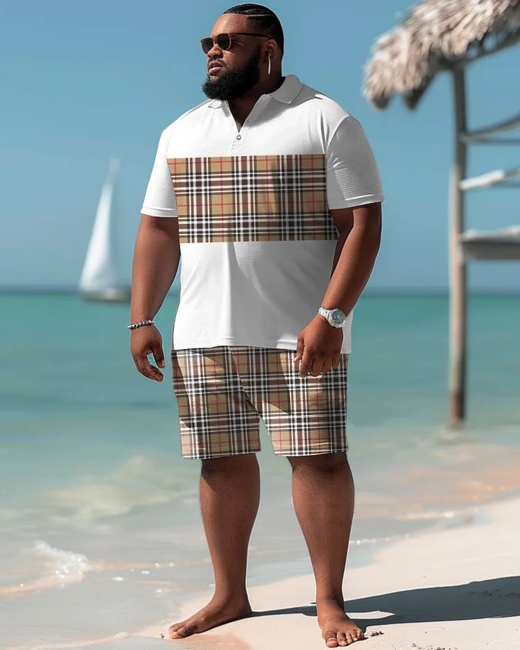 Men's Plus Size Casual Simple Stitching Plaid Print Polo Shorts Suit
