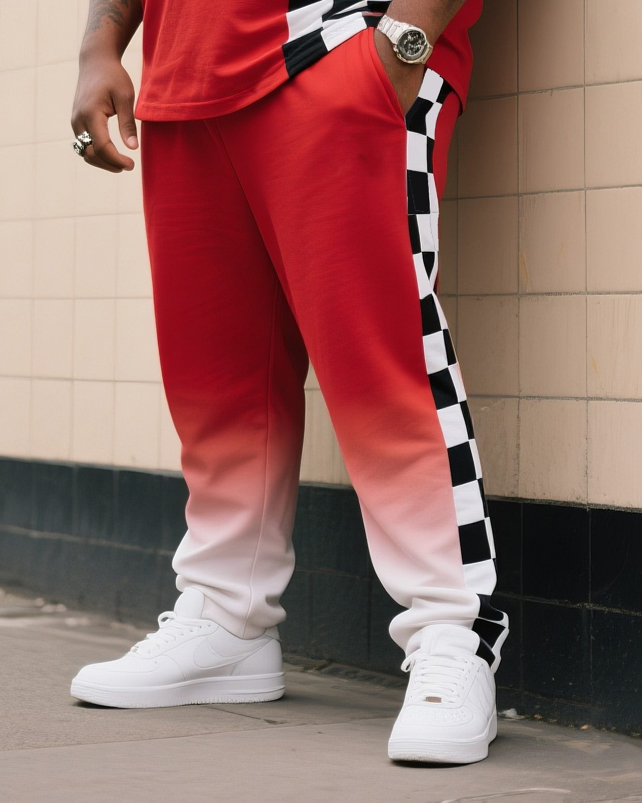 Big Boy Daily Casual Fox Red Chessboard Black And White Plaid Crewneck Short Sleeve T-Shirt Pants Suit