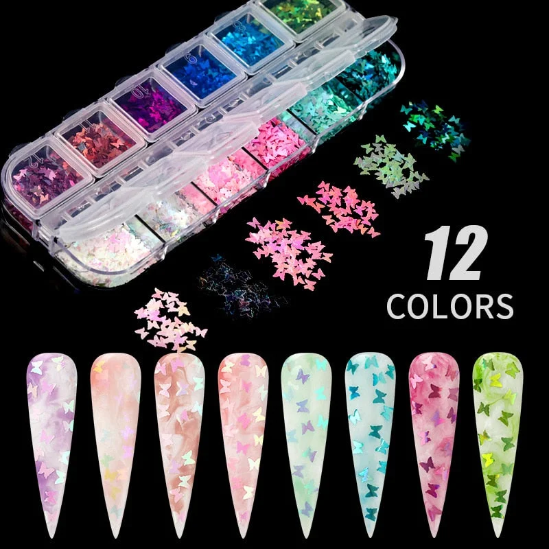 12 Grids Colorful Flourescent Nail Sequins Hollow Circle Sequins Neon Round Nail Art Glitter Flakes Butterfly 3D Slice Tips-Nail Inspo