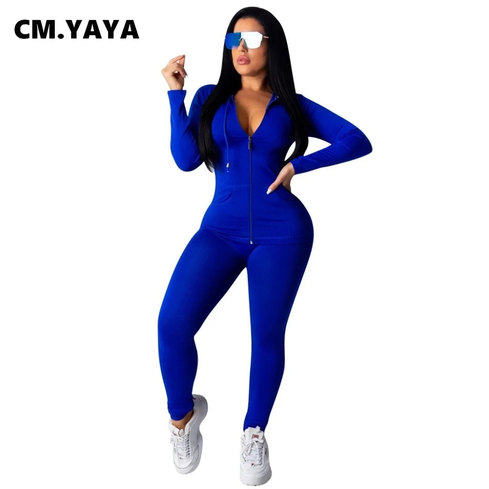 CM.YAYA Autumn Women Solid Zipper Up Long Sleeve Hooded Top Pencil Pants Suit Two Piece Set Casual Sporting Tracksuit Outfit