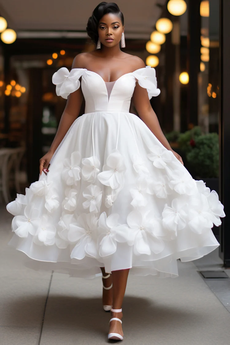 Xpluswear Design Plus Size Wedding White Elegant Off The Shoulder 3D Chiffon Midi Dresses [Pre-Order] 2024 - Xpluswear