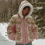 Women's Bohemian Style Pink Rose Art Cozy Fur Collar Knit Hooded Sweater Jacket - Image 2