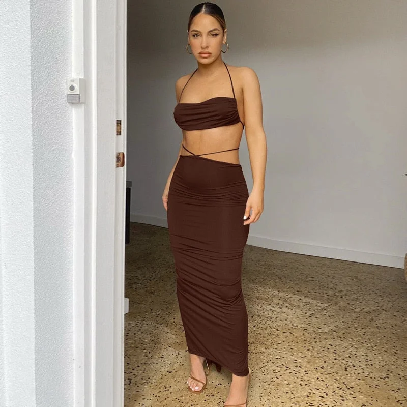 Tawnie 2022 Summer Y2K Dress Sets Women Sexy Halter Backless Crop Top Midi Skirts 2 Piece Sets Elegant Outfits Beach Vacation