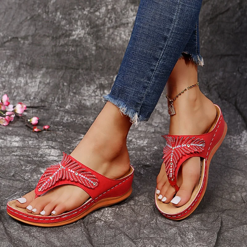 Thick Bottom Sandals Crystal Flip Flops Women Summer Clip Toe Med Heels Platform Slippers Woman Comfortable Beach Shoes Slides