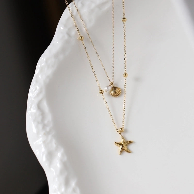 Cute Vintage Style Vacation Geometric Starfish Shell 304 Stainless Steel 18K Gold Plated Double Layer Necklaces