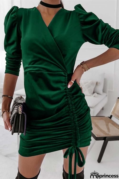 Velvet Drawstring Puff Sleeve Dress