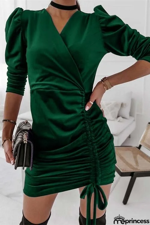Velvet Drawstring Puff Sleeve Dress