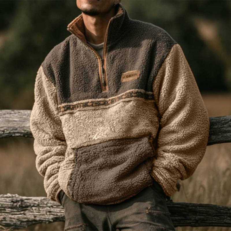 Men's Surf Brown Loose Casual Autumn And Winter New Lambskin Splicing Sweatshirt