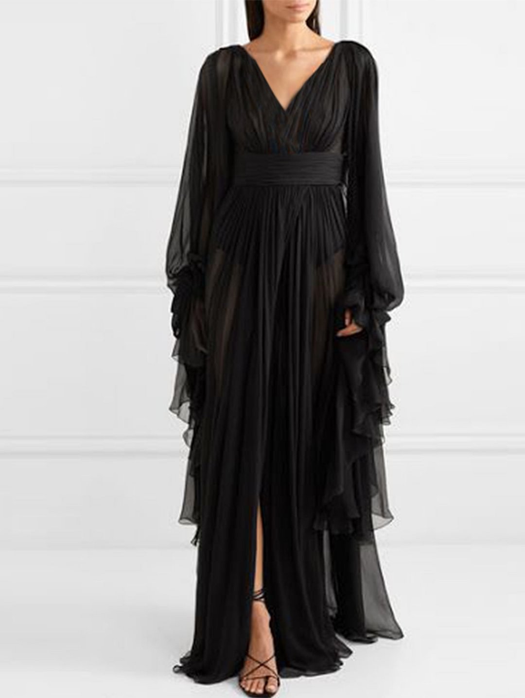 Sexy Deep V Neck Long Lantern Sleeve Maxi Dress