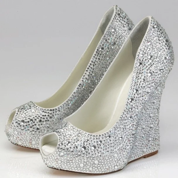 Silver Wedding Heels Rhinestone Peep Toe Wedge Heel Pumps |FSJ Shoes