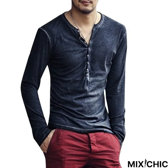 Men Shirt V-Neck Long Sleeve Tee Tops Stylish Slim T-Shirt Button Casual Male Clothing Plus Size