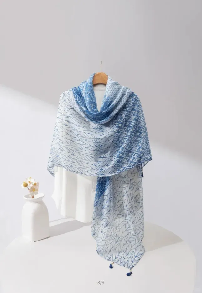 Light blue patterned cotton and linen sun protection scarf
