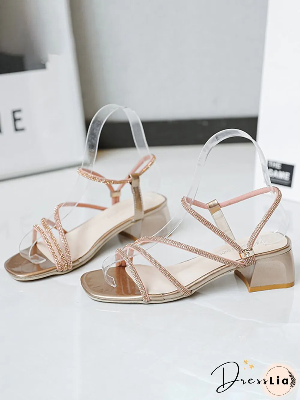 Rhinestone Thin Strap Chunky Heel Sandals