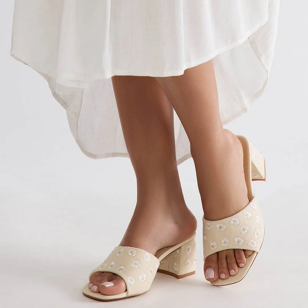Chic Beige Open Toe Flower Embroidery Block Heel Mules Sandals