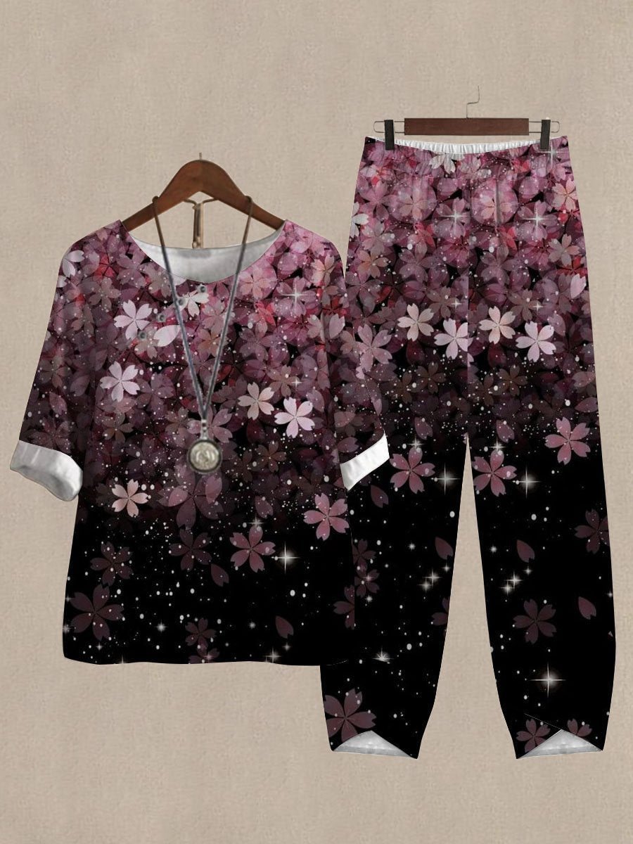 Gradient Cherry Blossom Print Top And Pants Casual Two-piece Suits