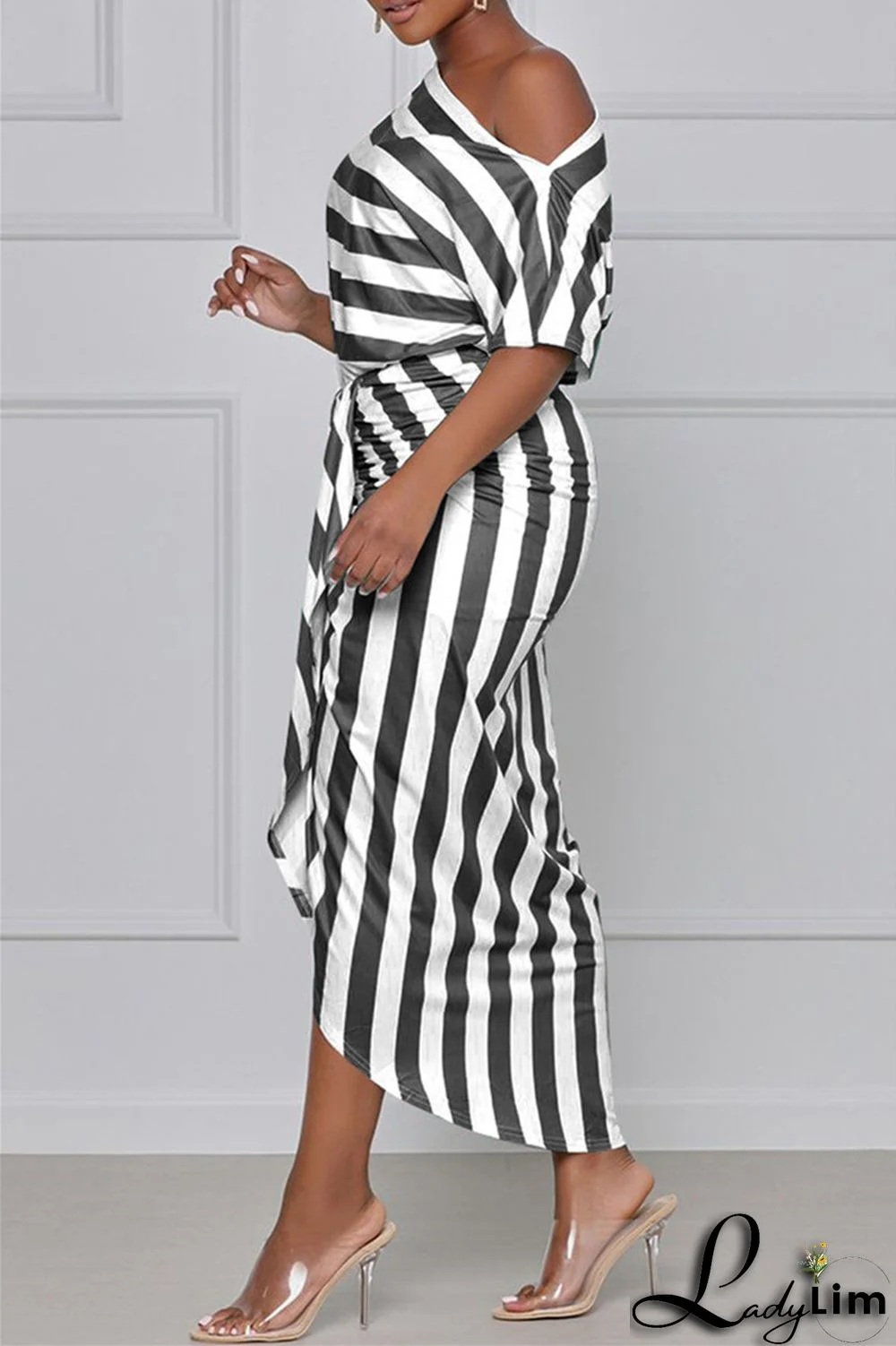 Black Fashion Casual Striped Print Asymmetrical Oblique Collar Short Sleeve Dress